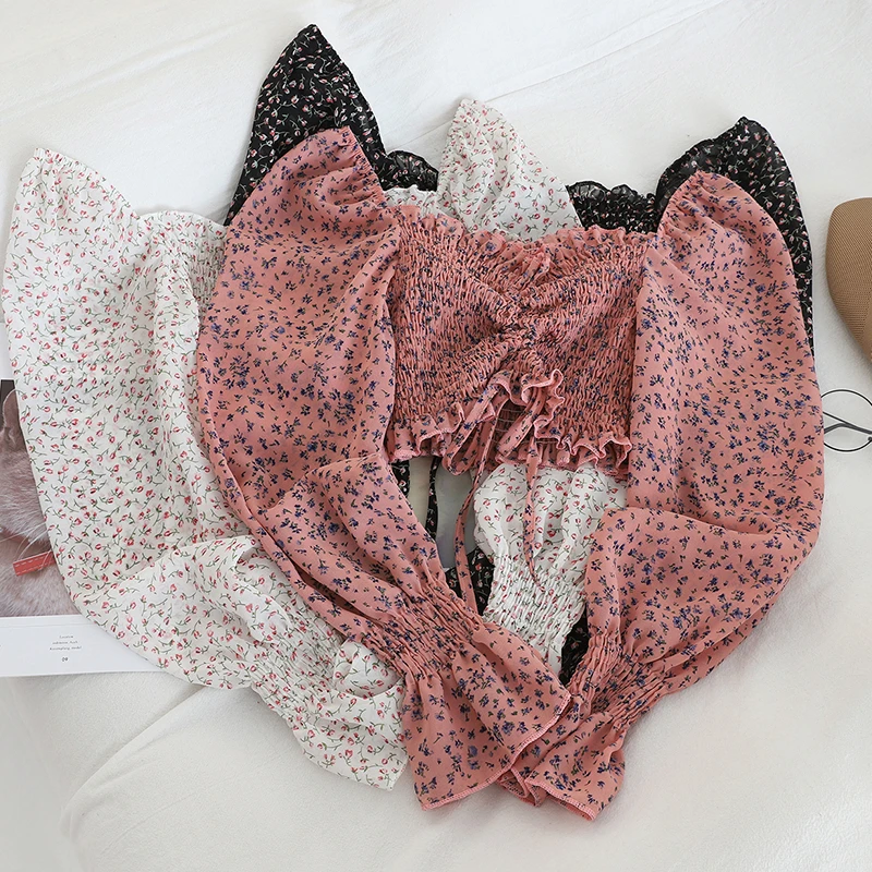 Женские повседневные топы и блузки с цветочным принтом пышными рукавами модные