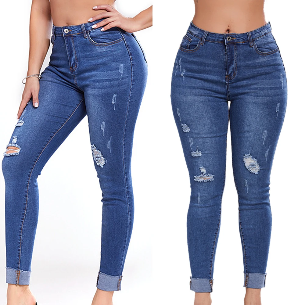 

VICABO Blue Hole Ripped Womens Jeans Skinny Slim Stretchy Trousers Ladies Fashion Casual Denim Pencil Pants Streetwear