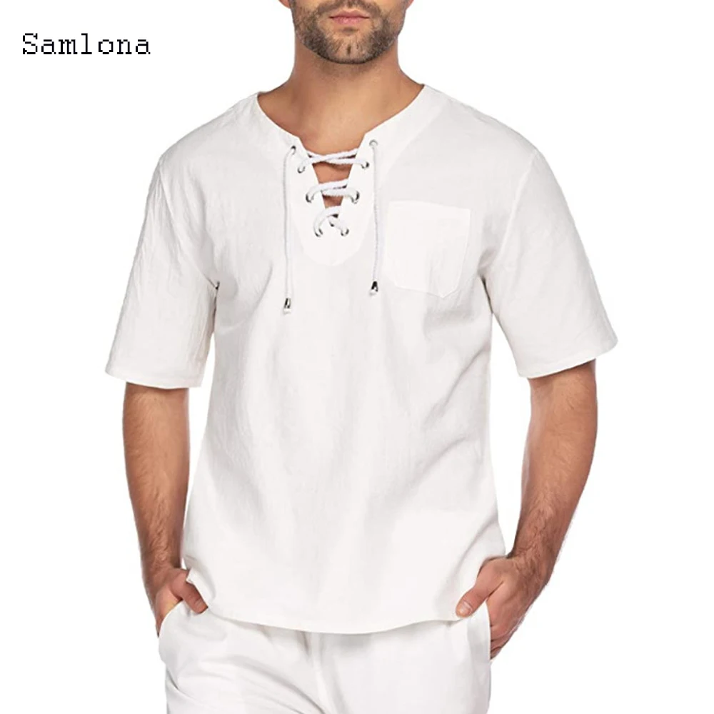 

2020 New Men's Short Sleeve Tie Cotton Linen T shirt Summer Casual Simple Street Tees Men Youth Slim Thin Color Fashion Shirt