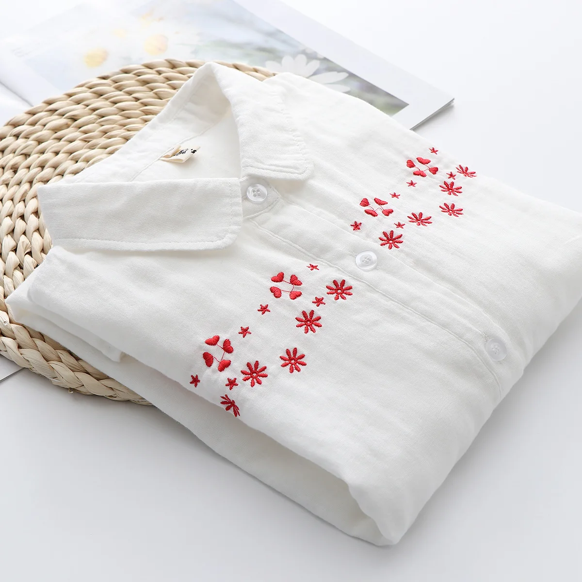 

Spring Autumn Casual Cotton Shirts Women Preppy Style Lapel Collar Long Sleeve Floral Embroidery Double Yarn Loose Blouses Top