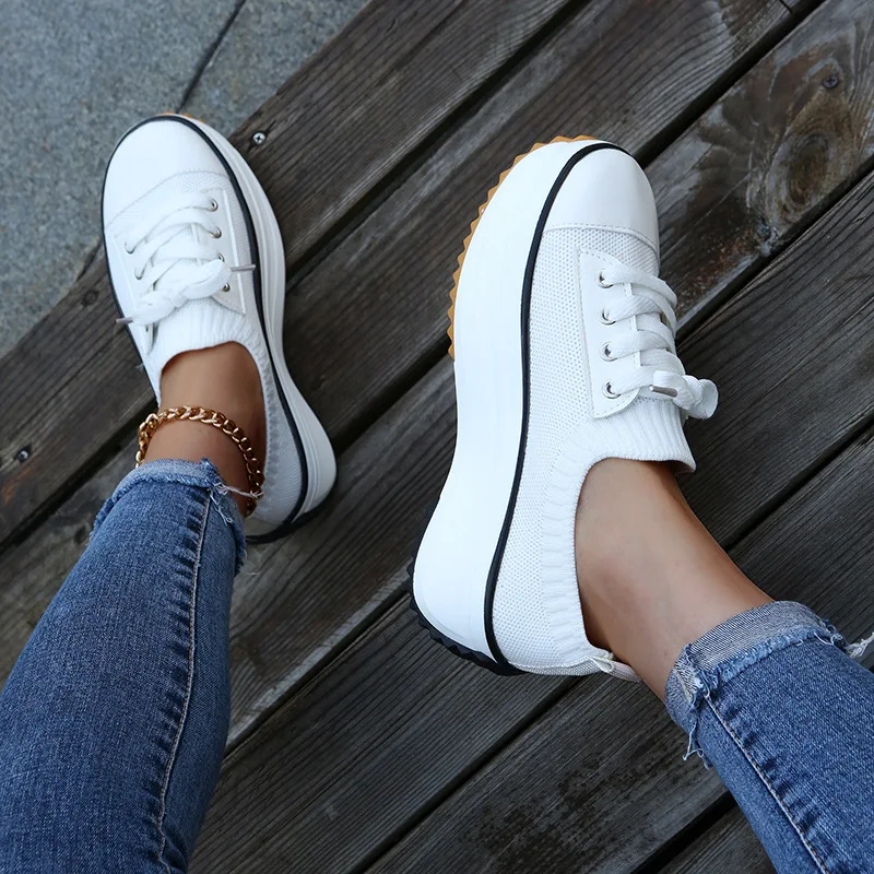 Flats Platform Shoes for Woman 2022 Fashion Sneakers Women Shoes Stretch Fabric Breathable Casual Round Toe Platform Sneakers