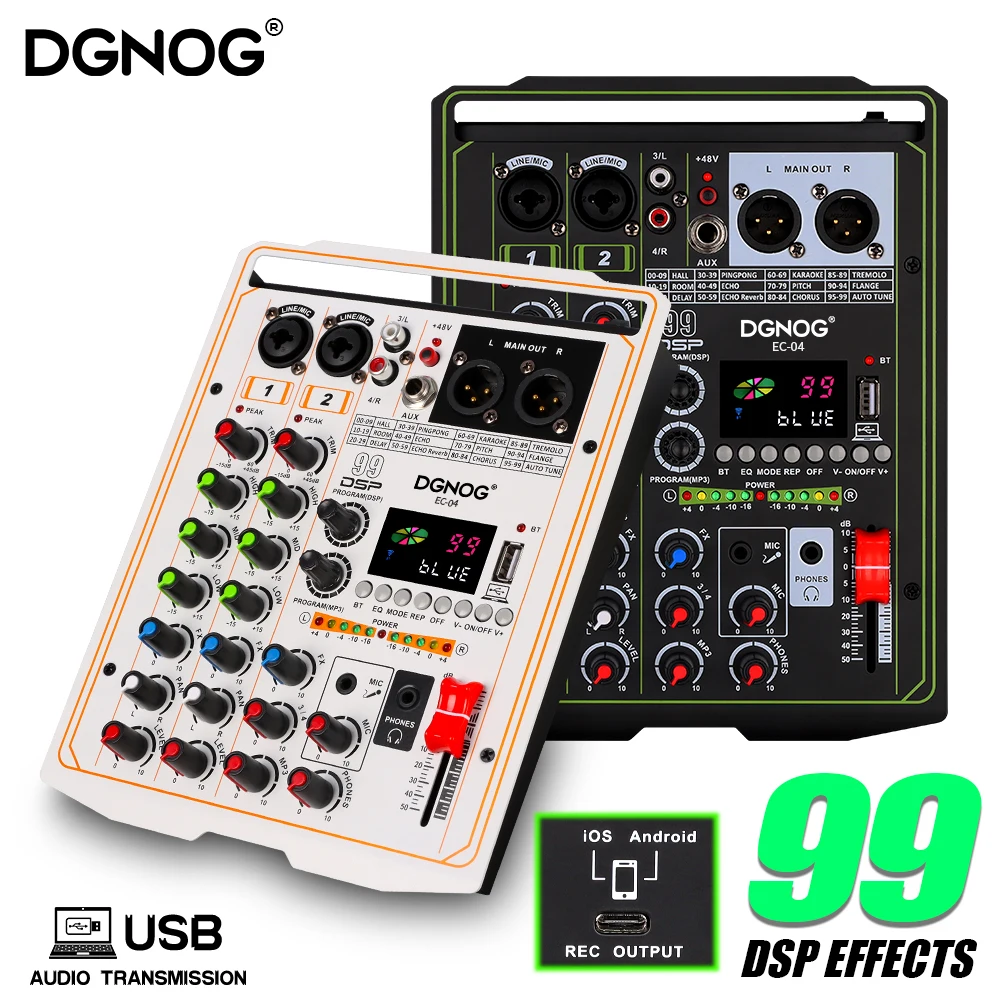

99 DSP Effects Audio Mixer 4 Channel Portable DJ Sound Mixing Console USB Interface Computer Recording 48V Phantom Power Monitor