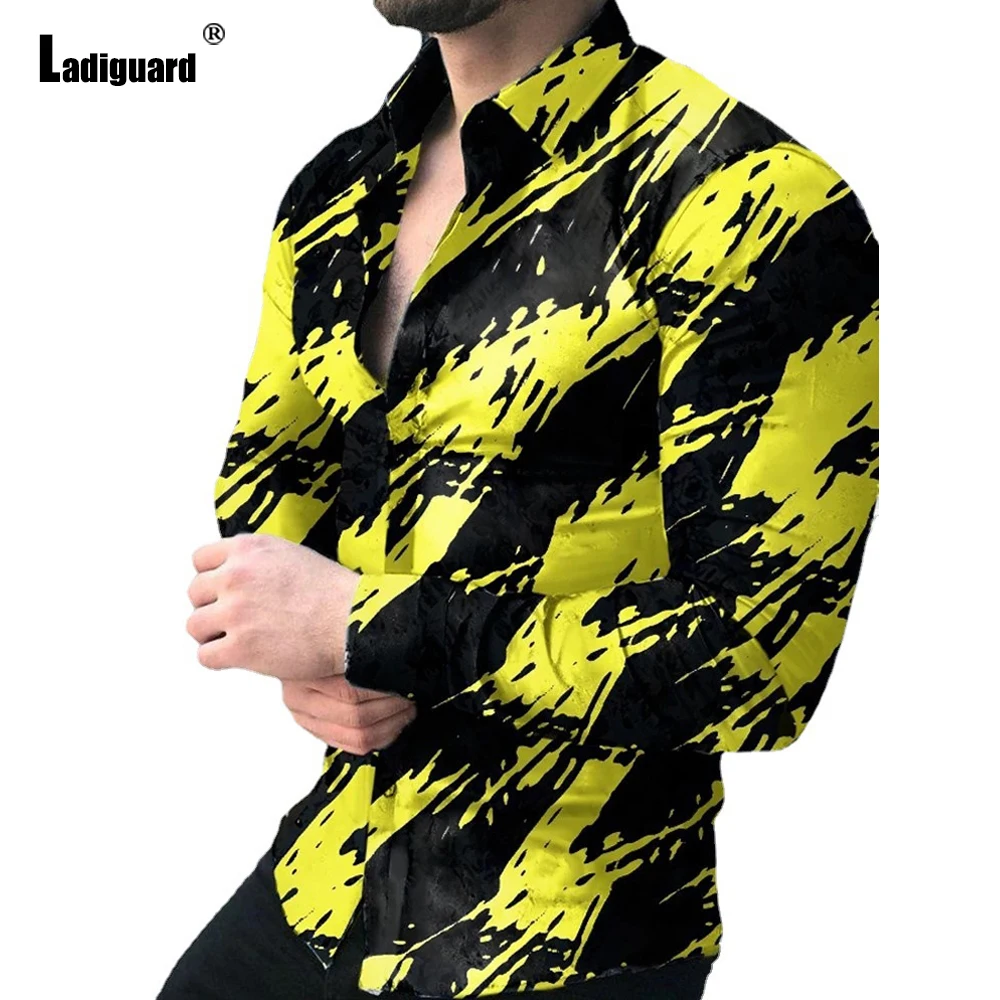 

Ladiguard Plus Size Mens Blouse Long Sleeve Skinny Tops Sexy Men clothing 2021 Autumn New Fashion Colorblock Print Shirt blusas
