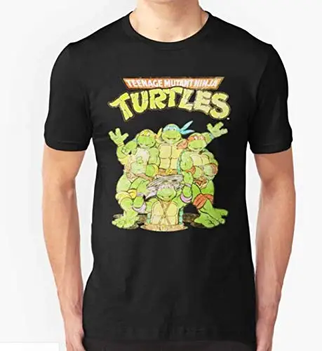 Приталенная футболка в стиле ретро с черепашками-ниндзя 100% хлопок черная или