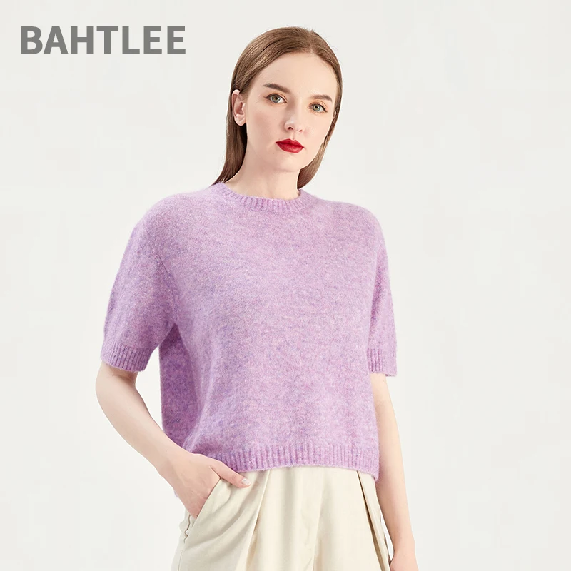 Женский трикотажный пуловер из мохера BAHTLEE с круглым вырезом и короткими