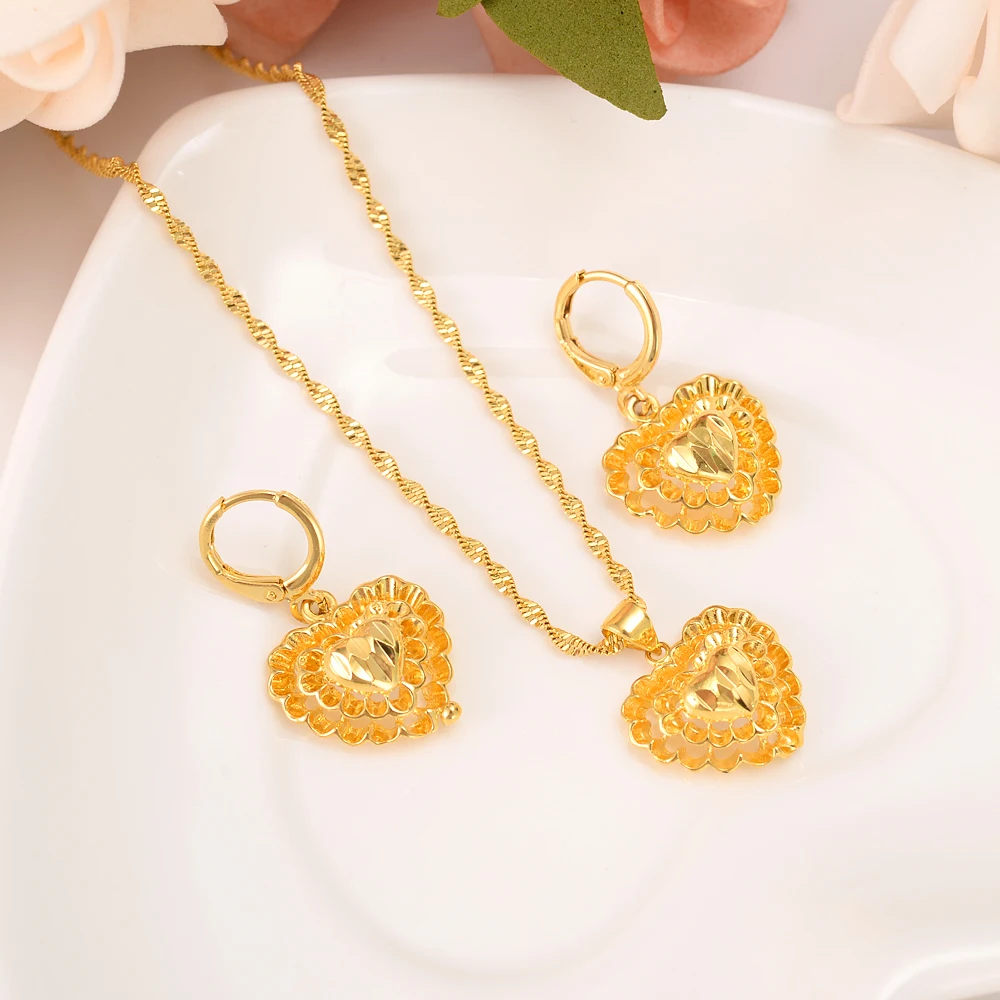 

Gold dubai heart African jewelry Set Necklace pendant Earrings Eritrea wedding bridl jewelry for women sweater chain gifts