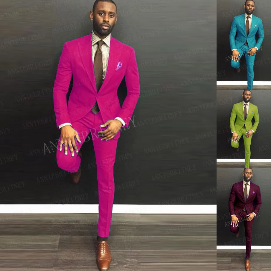

New Hot Pink Mens Suit 2 pieces Custom Made Slim fit Peak Lapel Blazer Bridegroom Wedding Dress Tuxedo Set Best Man Jacket Pants