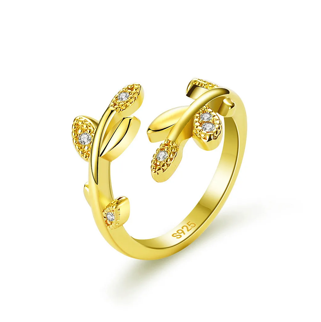 

New 925 Sterling Silver Fashion light luxury ring Women Fashion Jewelry High Quality Crystal Zircon Leaf feather open size Ring