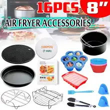 16PCS Air Fryer Accessories 8 inch for Airfryer 3.7QT-4.3QT Baking Basket Pizza Plate Grill Pot Kitchen Cooking Tool for Party