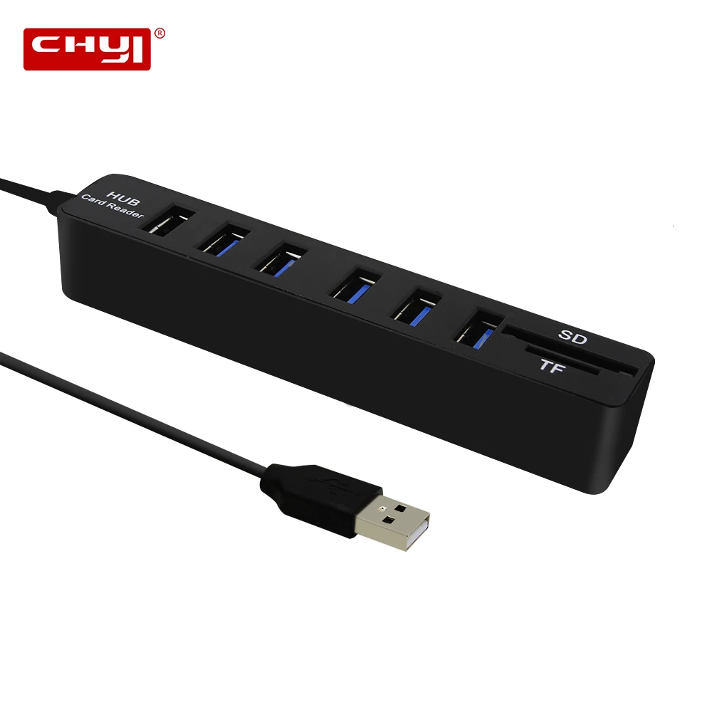 USB chyi Hub 2 0 6 портов высокоскоростной адаптер мульти-Сплиттер TF SD кардридер ПК