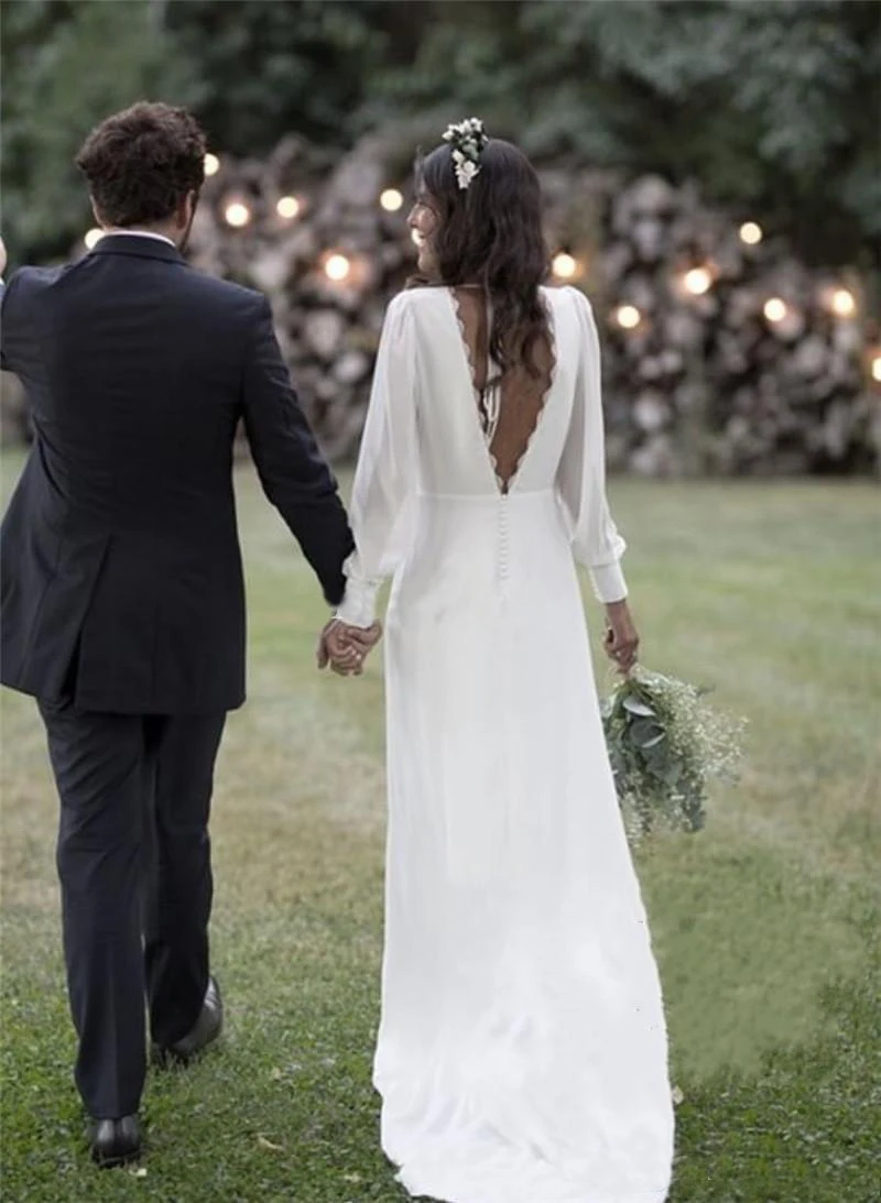 Bohemian White Wedding Dresses 2019 V Neck Backless Sweep Train Chiffon Beach Garden Country Bridal Gowns vestido de novia Cheap | Свадьбы и