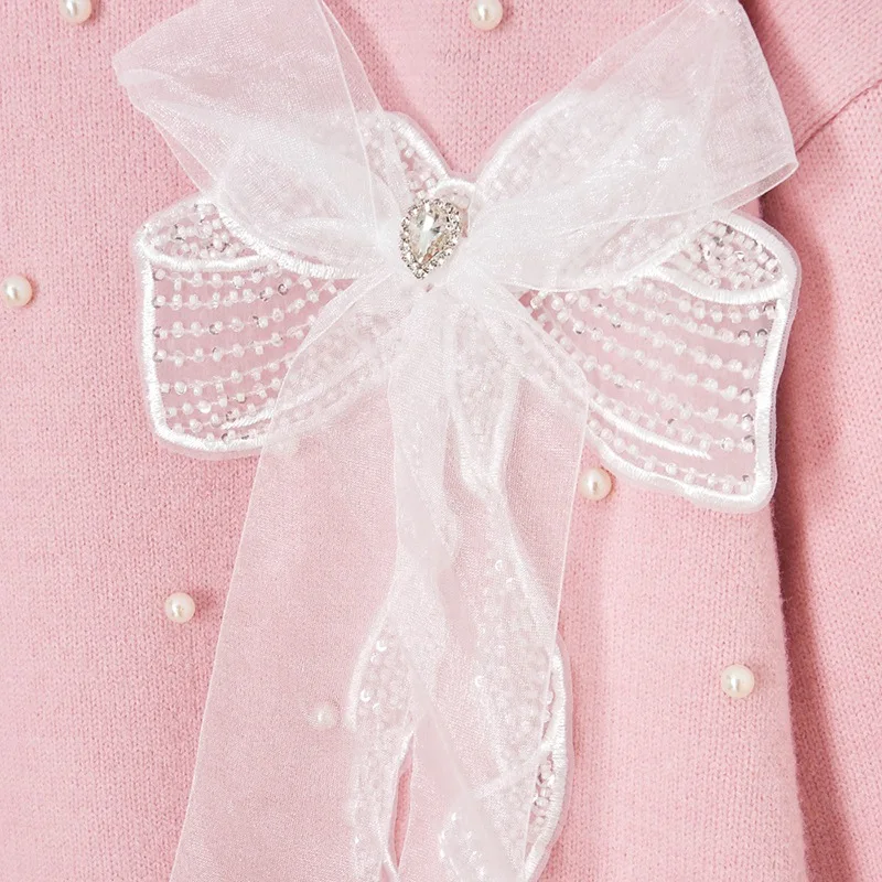 2021 Autum Winter New Sweet Lace Bead Bow Round Neck Knitted Sweater Girls OL Slim Pullover Women's dropshipping | Женская одежда