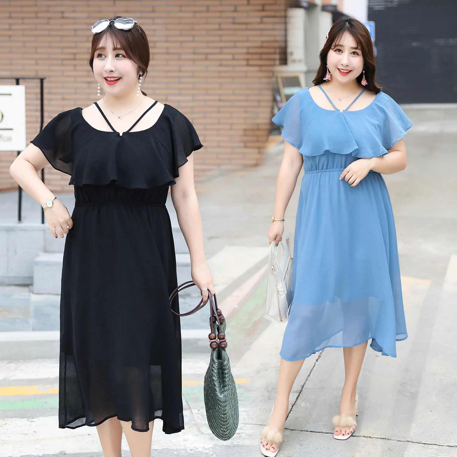 

Plus Size Elegant Women Clothes Ruffled Women Dress High waist Casual Short Sleeve A- line Midi Women Dress