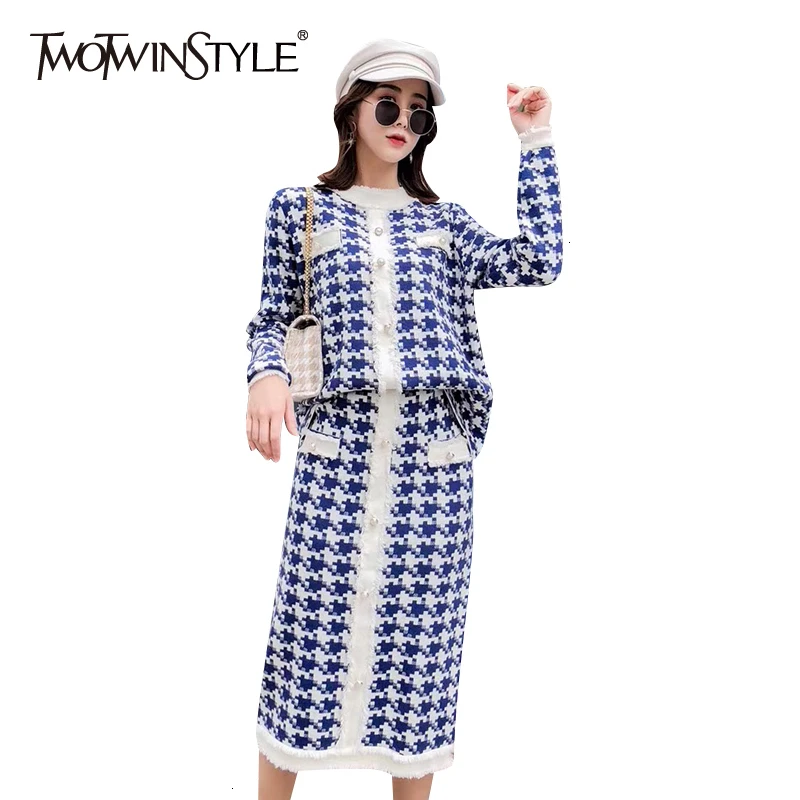 TWOTWINSTYLE клетчатый комплект из двух предметов для женщин свитер с круглым вырезом