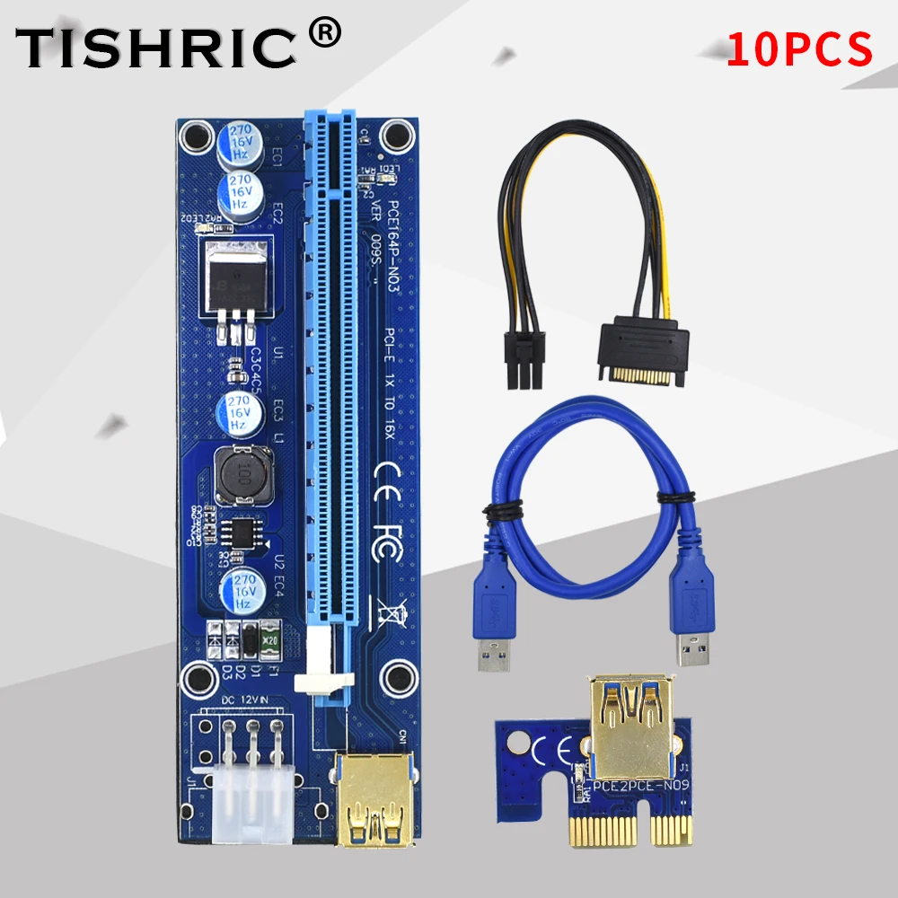 Новейшая Райзер-карта TISHRIC VER009S 10 шт. 4-контактный USB 3.0 PCI-E 1X до 16X Райзер-адаптер PCI