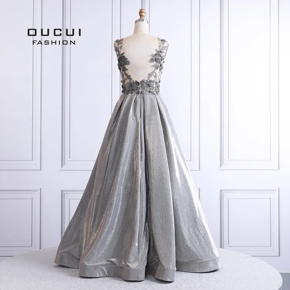 

Elegant Womens Evening Dress 2019 Long V-Neck Appliques Evening Gowns Glitter Sparkling Robe Soiree Party Dress OL103259-1