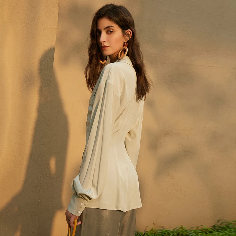 

SISPELL Patchwork Pocket Solid Color For Female Blouse Shirt Lapel Collar Long Sleeve High Waist Loose Women's Shirt 2021 Autumn