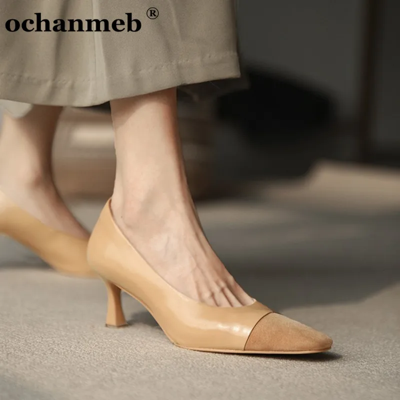

ochanmeb 2021 spring new women real natural cow genuine leather office work shoes woman thin high heels sheep suede pumps 33-40