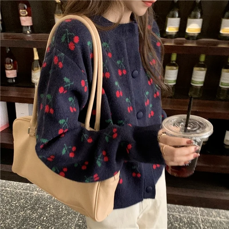 Harajpoo Women Cardigan Japanese Lazy Style Cherry Jacquard Sweater Spring Fall 2021 New Korean Loose Outer Knit Casual Tops |