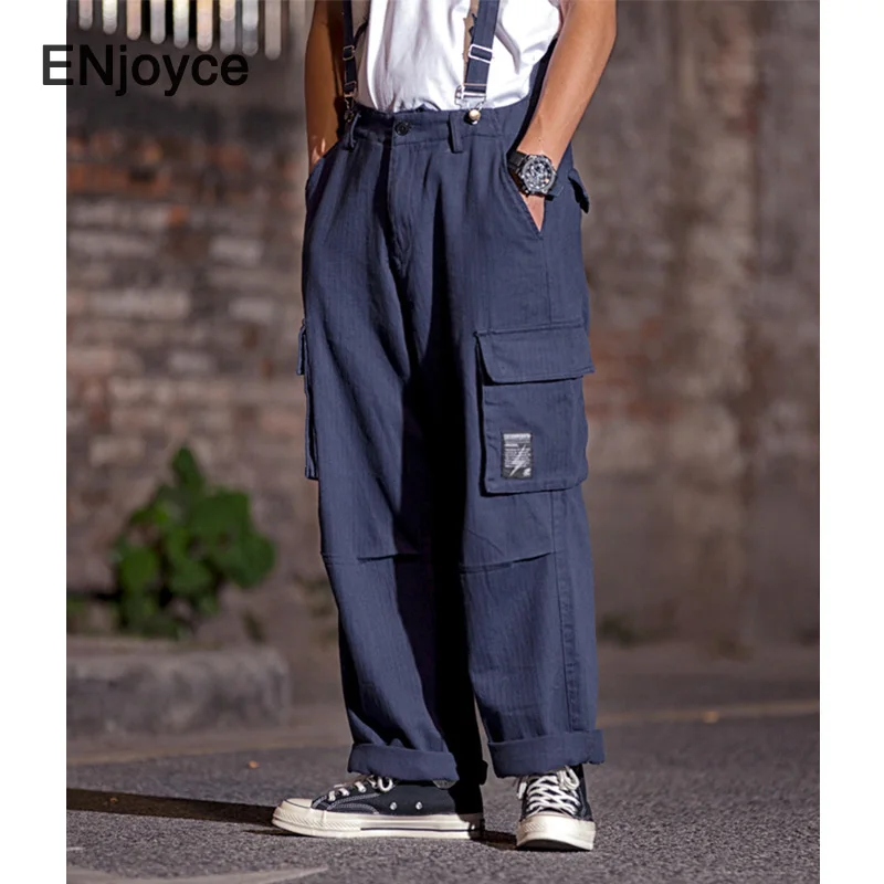 Japan Style Vintage Pockets Jumpsuit Men Loose Casual Streetwear Wide Leg Playsuit Cargo Pants Romper Strap Overalls