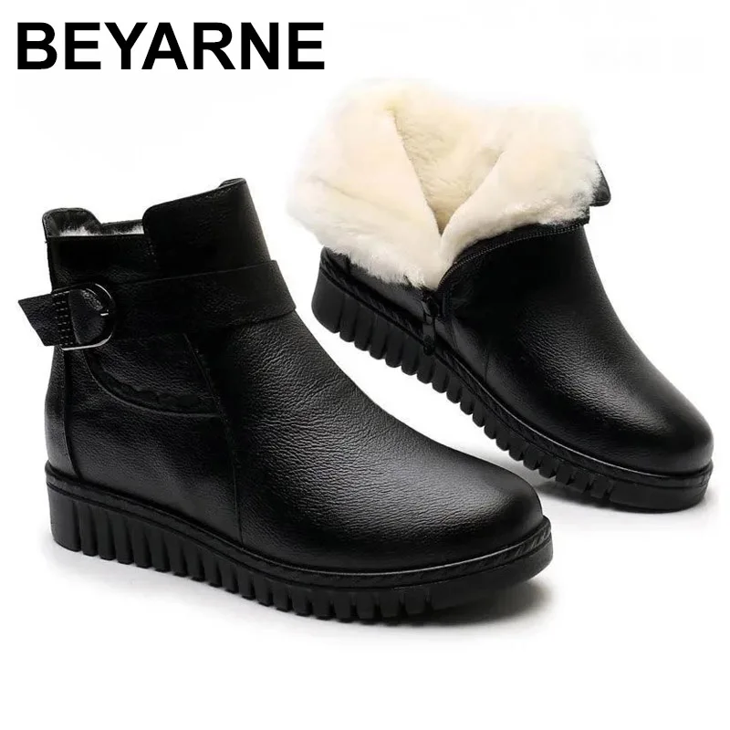 

BEYARNE Fashion Winter Women Genuine Leather Ankle Boots Female Thick Wool Warm Snow Boots Mother Waterproof Non-slip Booties