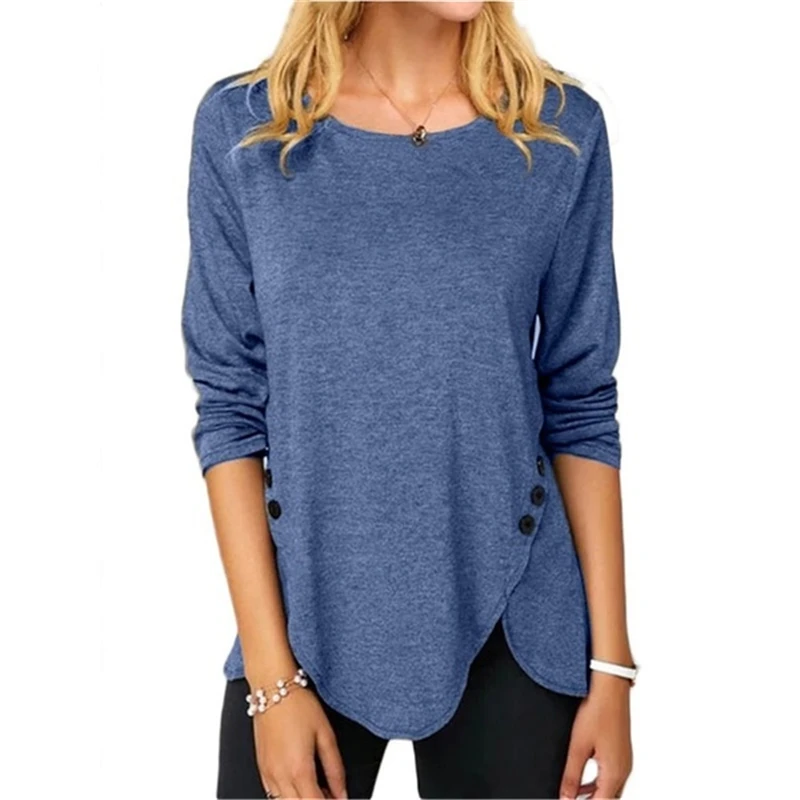 

Women Round Neck Long Sleeves Button T-Shirt Solid Color Loose Plus Size Cotton Irregular Pullover