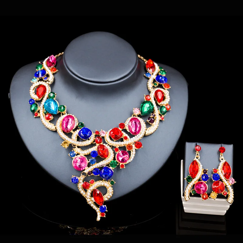 

Luxurious Wedding Jewelry Sets Big Rhinestone Crystal Statement Bridal Gold Necklace Earrings Sets Christmas Gift for women