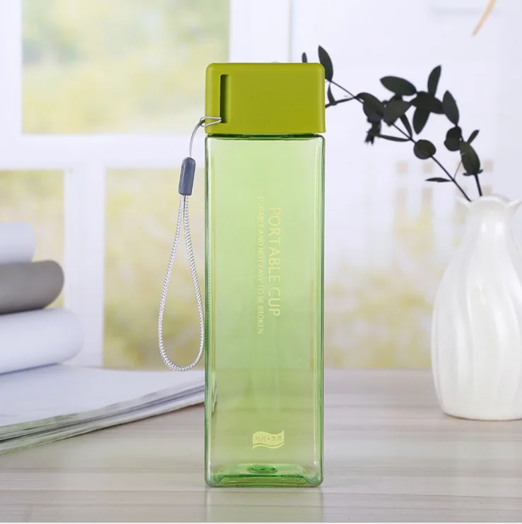 Green Новинка, милая квадратная чашка для чая, молока, фруктов, воды, 500 мл, бутылки для воды, напиток с веревкой, прозрачная, Спортивная, корейский стиль, термостойкая - Цвет: Green