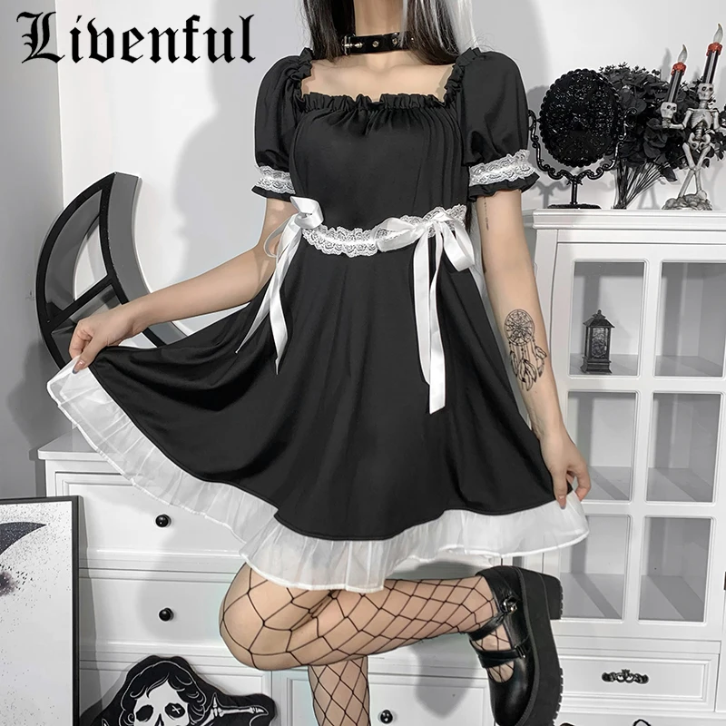 

Женское мини-платье с бантом Goth, с пышными рукавами и высокой талией, в стиле Харадзюку, эмо, в готическом стиле, винтажная одежда для перекре...
