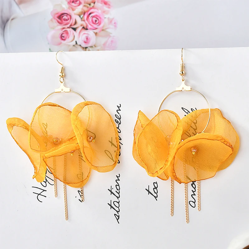 Новинка 2019 длинные серьги из прозрачного кружева и шифона с лепестками цветов