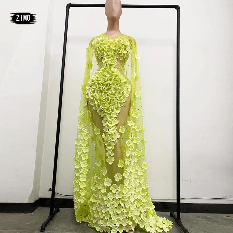 

2 piece Mesh sheer 3D Flower rhinestone Long Dress Women Party birthday wedding Dance Stage Costume Prom blue green purple Dress