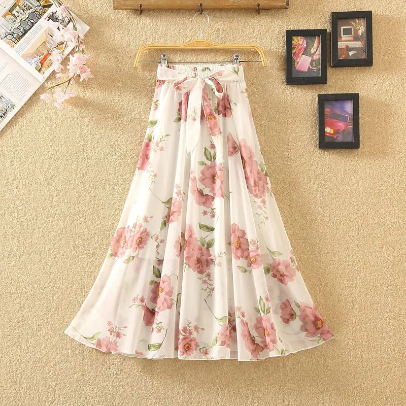 

Chiffon High Waist Skirts Female Saia Casual Print Vintage Pleated Skirts Womens Streetwear Beach A-Line Long Skirt Faldas Q3477