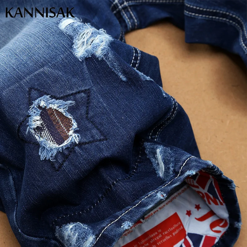 

KANNISAK Jeans Men Knee Length Summer Denim Pants Ripped Hole Appliques Vintage Jeans Straight Cotton Male Street Wear 2021
