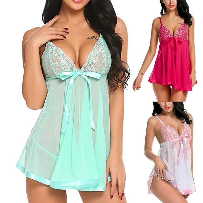 

Women's Plus Size Nightdress With Bow Sexy Lingerie Embroidered Transparent Sling Nightdress And Thong Sleepwear