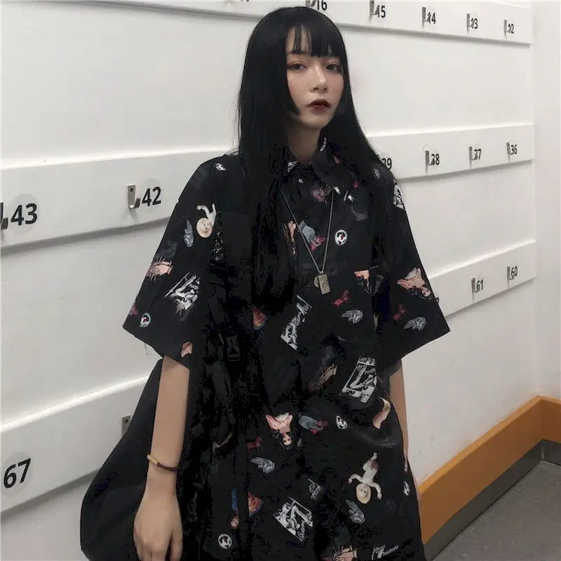 

2021 Spring Vintage Long Sleeve Blouses Unique Printing Korean Hong Kong Style Retro Women Button Up Shirt Harajuku Fashion Tops