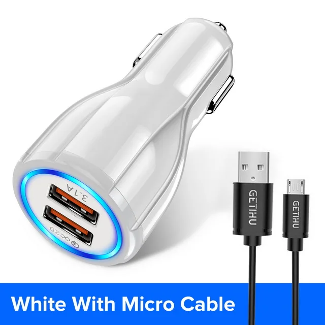 White and 1m Cable GETIHU 18 Вт 3.1A автомобильное зарядное устройство Quick Charge 3,0 Универсальный двойной USB быстрая зарядка QC для iPhone samsung Xiaomi Мобильный телефон в автомобиле - Тип штекера: White and 1m Cable