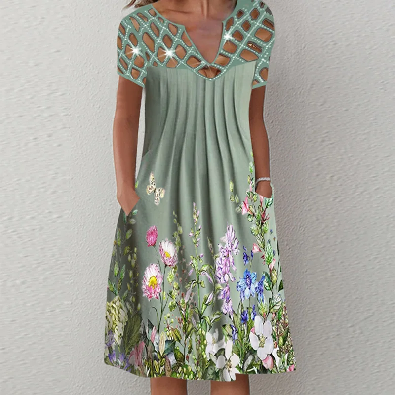 

Spring Summer Casual A-Line Short Sleeve Loose Dress Sexy Hollow Out Floral Print Pocket Dress Women V Neck Pleated Party Dress