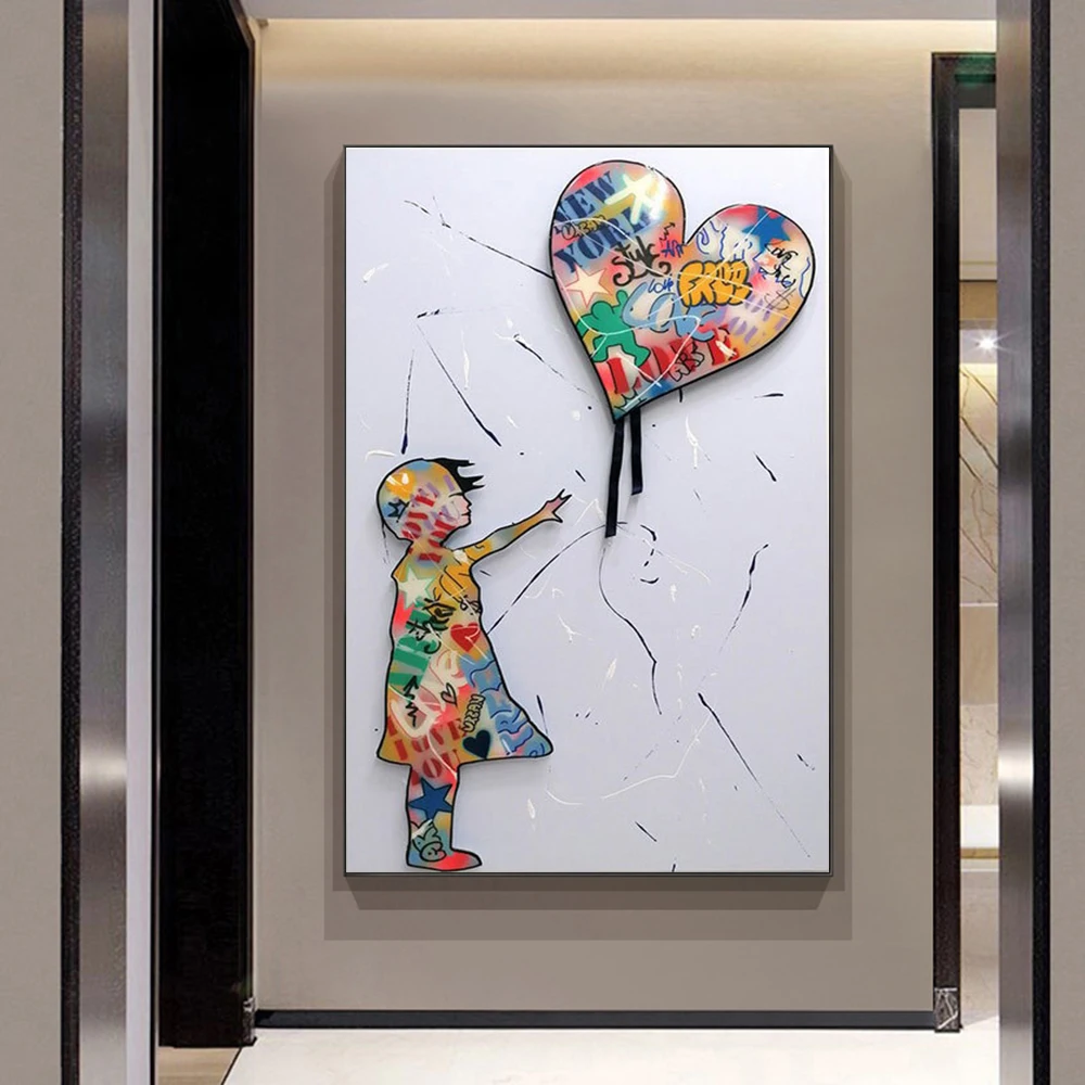 

Bansky Graffiti Art Girl Chasing Balloons Canvas Painting Print Abstract Posters Prints Wall Art Pictures for Living Room Decor