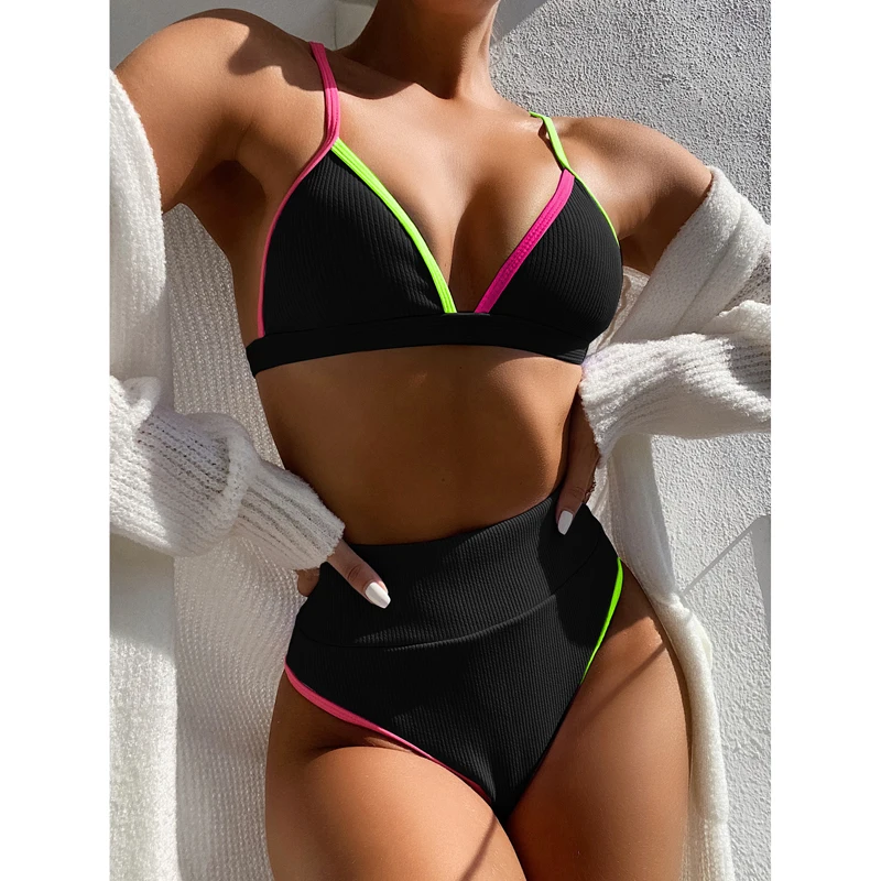 

Knitted Bra And Panty Set Print High Waisted Swimsuit Solid Color Women Swimming Pool Party Beach Wear Chic Sexy Bikini