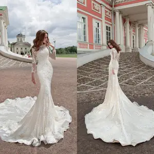 2020 Wedding Dresses Jewel Long Sleeves Lace Appliques Bridal Gowns Custom Made Button Back Sweep Train Mermaid Wedding Dress