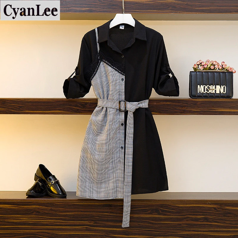 

Женское кружевное платье-рубашка в клетку, повседневное винтажное мини-платье в британском стиле с поясом, размера плюс, размера плюс, 4XL, на ...