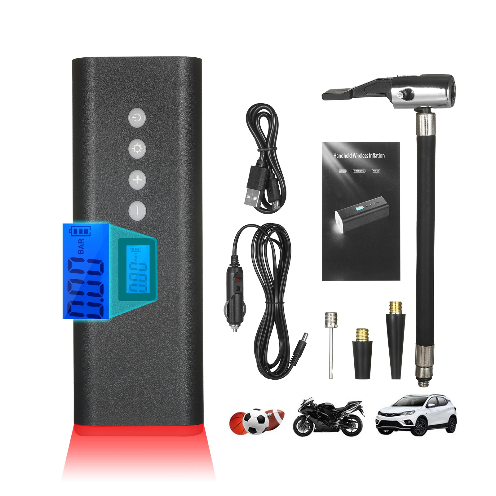 

Tire Inflator Air Compressor Hand Held Tire Pump Power Tool 150PSI 2000mAh LCD Display with Light 4 Nozzles For Car Inflatables