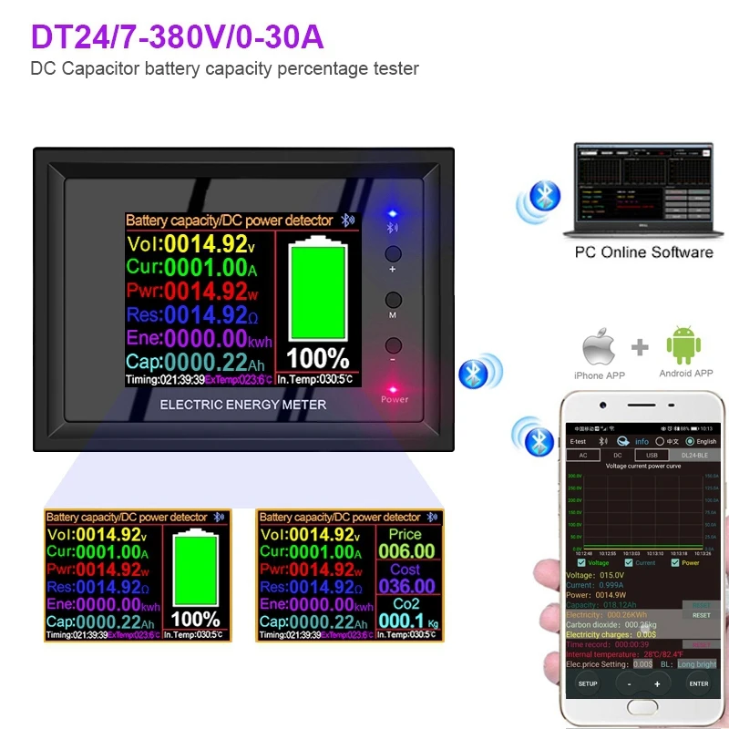 DT24 HD IPS Bluetooth цифровой дисплей DC Power APP Вольтметр Амперметр батарея ёмкость тестер