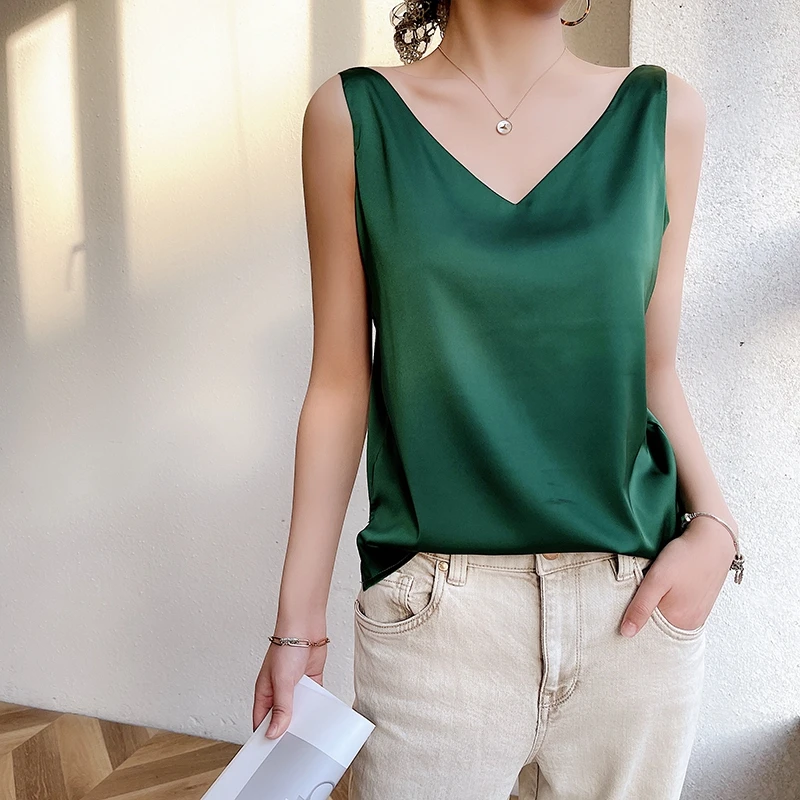 Майка женская из искусственного шелка тонкий гладкий топ на бретельках-спагетти