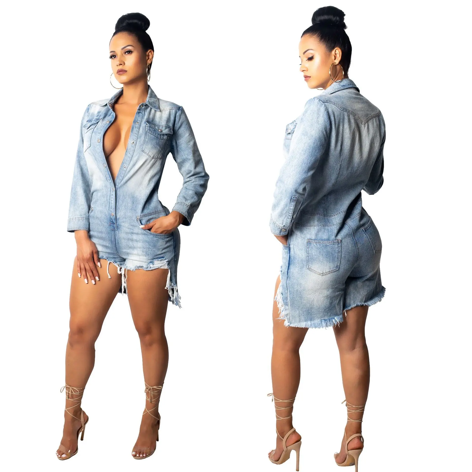 

Denim Women Jumpsuit Long-sleeves Ripped Slim Casual Jumpsuits Short Pants Fashion Sexy Jeans Rompers for Lady Clothing