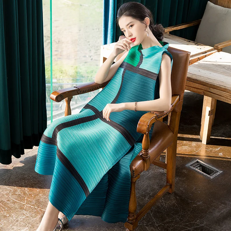 

Miyake pleated sleeveless printing loose dress 2020 spring new women's mid length European A-line dress vestido women clothes