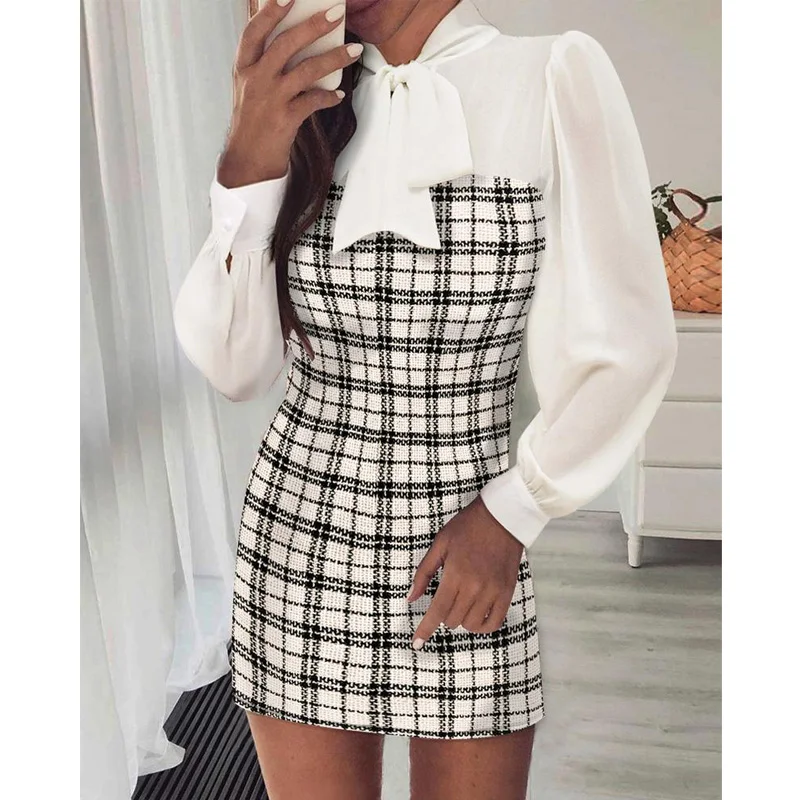 

Women Long Sleeve Fringe Hem Tweed Bodycon Dress Casual Dress Elegant Office Lady Slim Dress