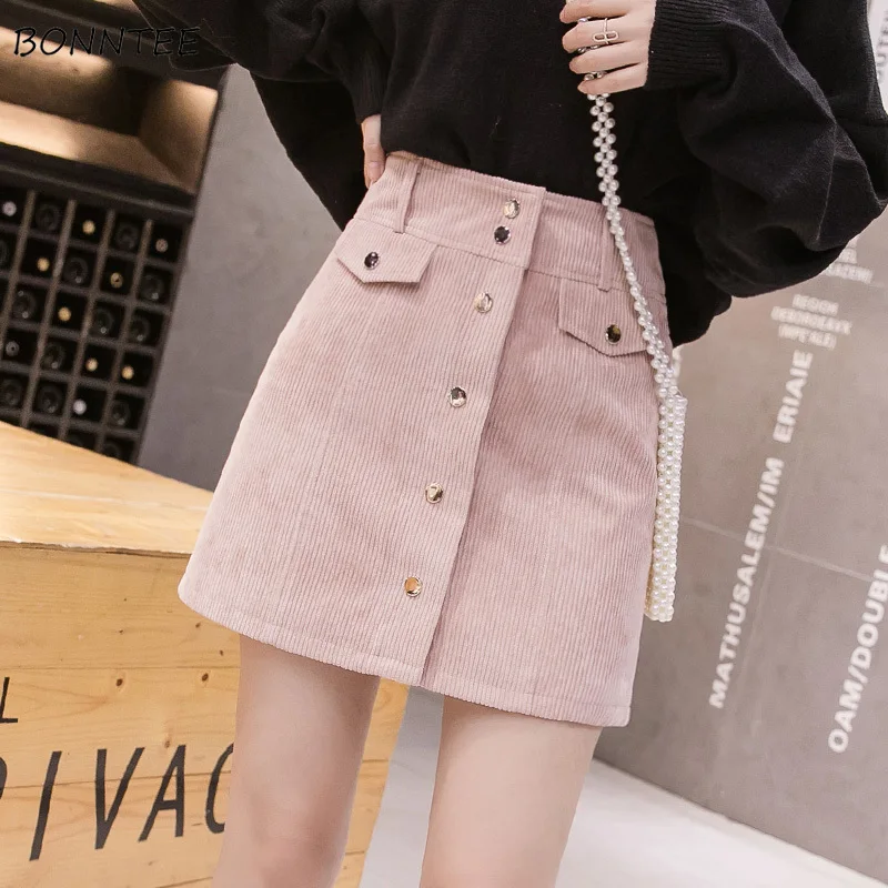 

Corduroy Skirts Womens 2020 New Solid Pink Single Breasted Summer High Waist Skirt A-line Chic Trendy Patched Pockets Sundress