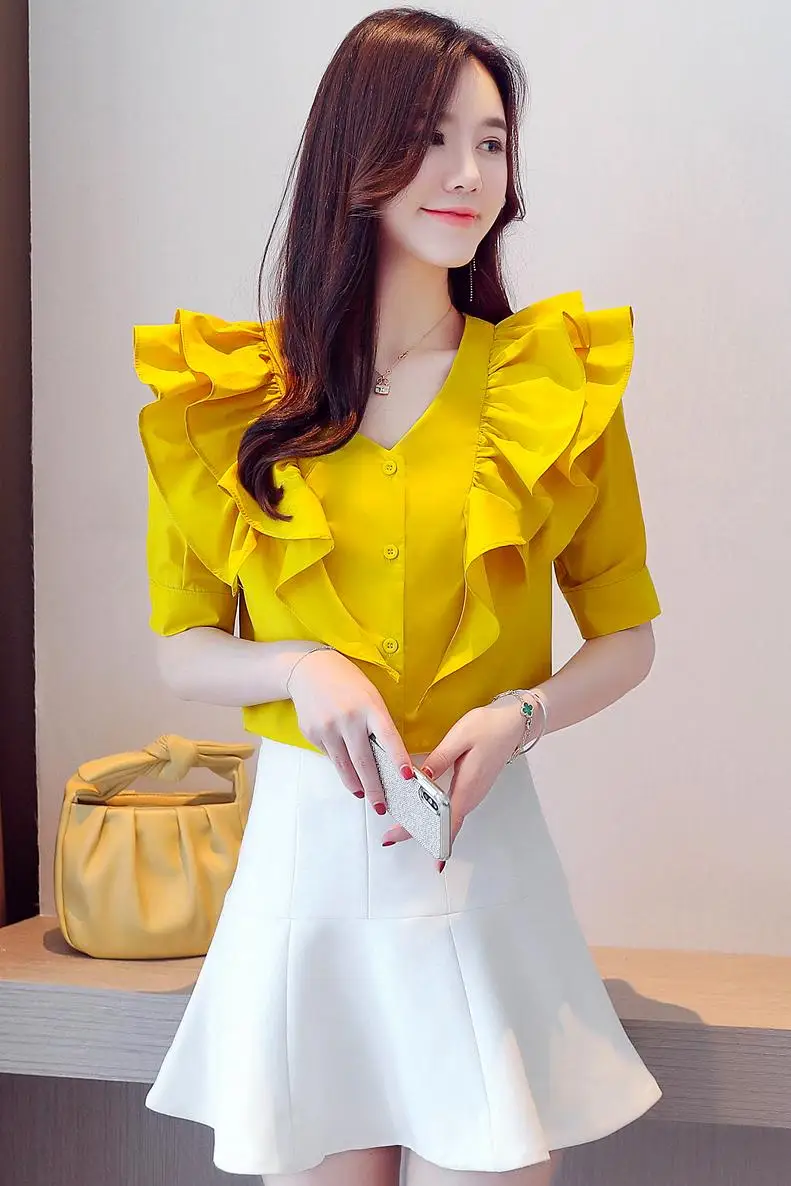 

Houthion Chiffon Slim Women's Blouses New Casual Blouse Fashion Short Sleeve Top Solid Ruffles V-neck Shirt Summer