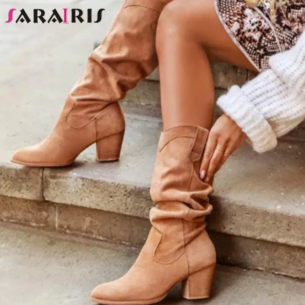 

SaraIris Vintage Solid Retro Rome Female Western Boots Slip On Mid Calf Chunky Heel Platform Cowboy Cowgirl Boots Casual Shoes